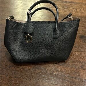 Black Leather Handbag with Gold Accents